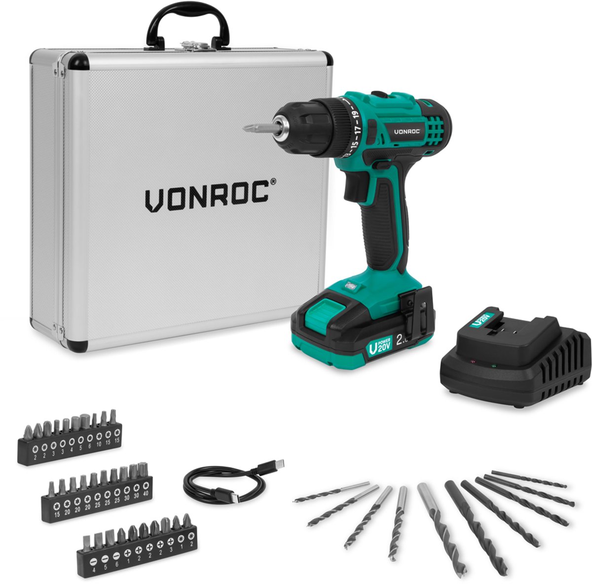 VONROC Accuboormachine 20V met accessoires en koffer