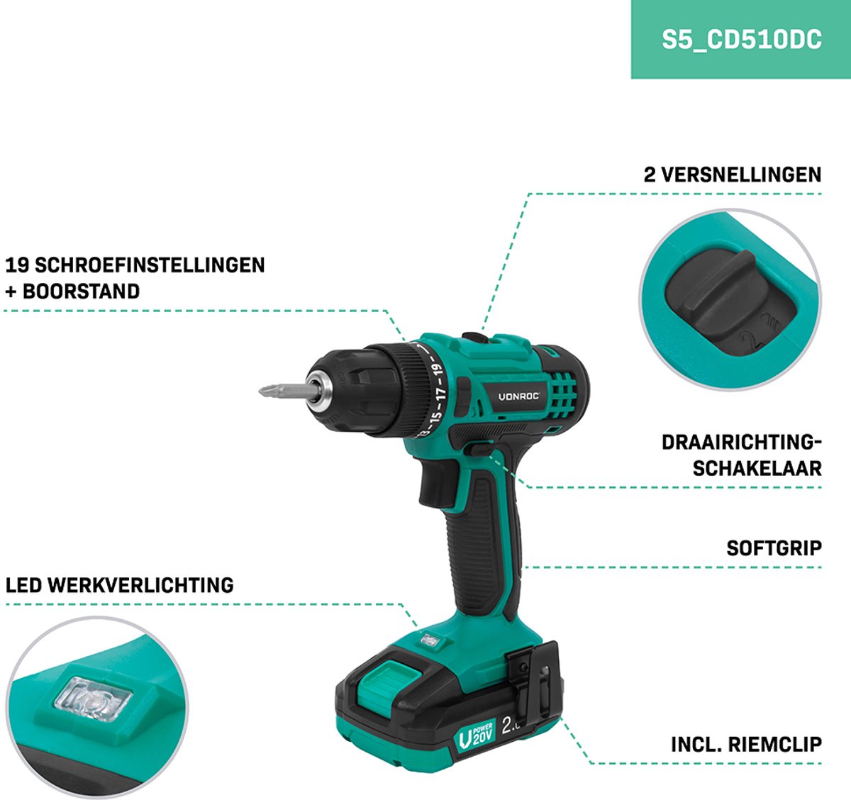 VONROC Accuboormachine 20V met accessoires en koffer - Image 2